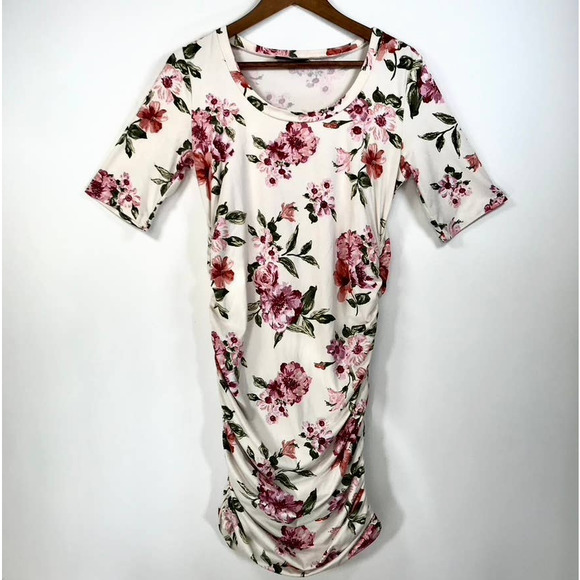 unbranded Dresses & Skirts - Maternity Floral Bodycon Dress Sz L Cream Short Sleeve Ruched Jersey Stretch